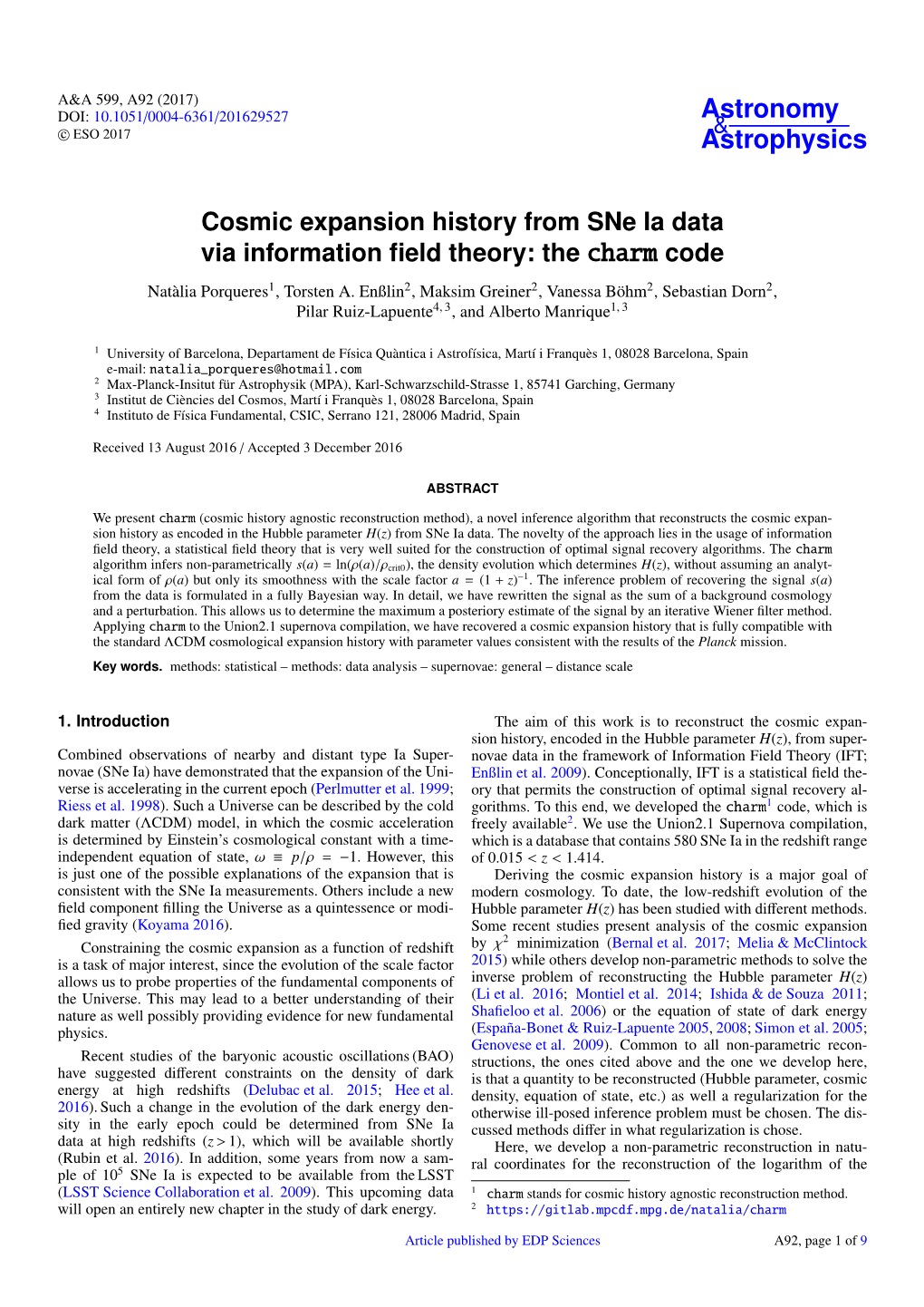 Cosmic Expansion History from Sne Ia Data Via Information Field Theory: the Charm Code