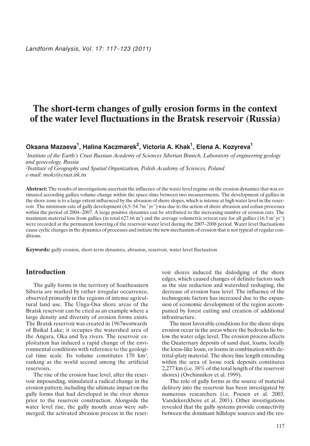 The Short-Term Changes of Gully Erosion Forms in the Context of the Water Level Fluctuations in the Bratsk Reservoir (Russia)