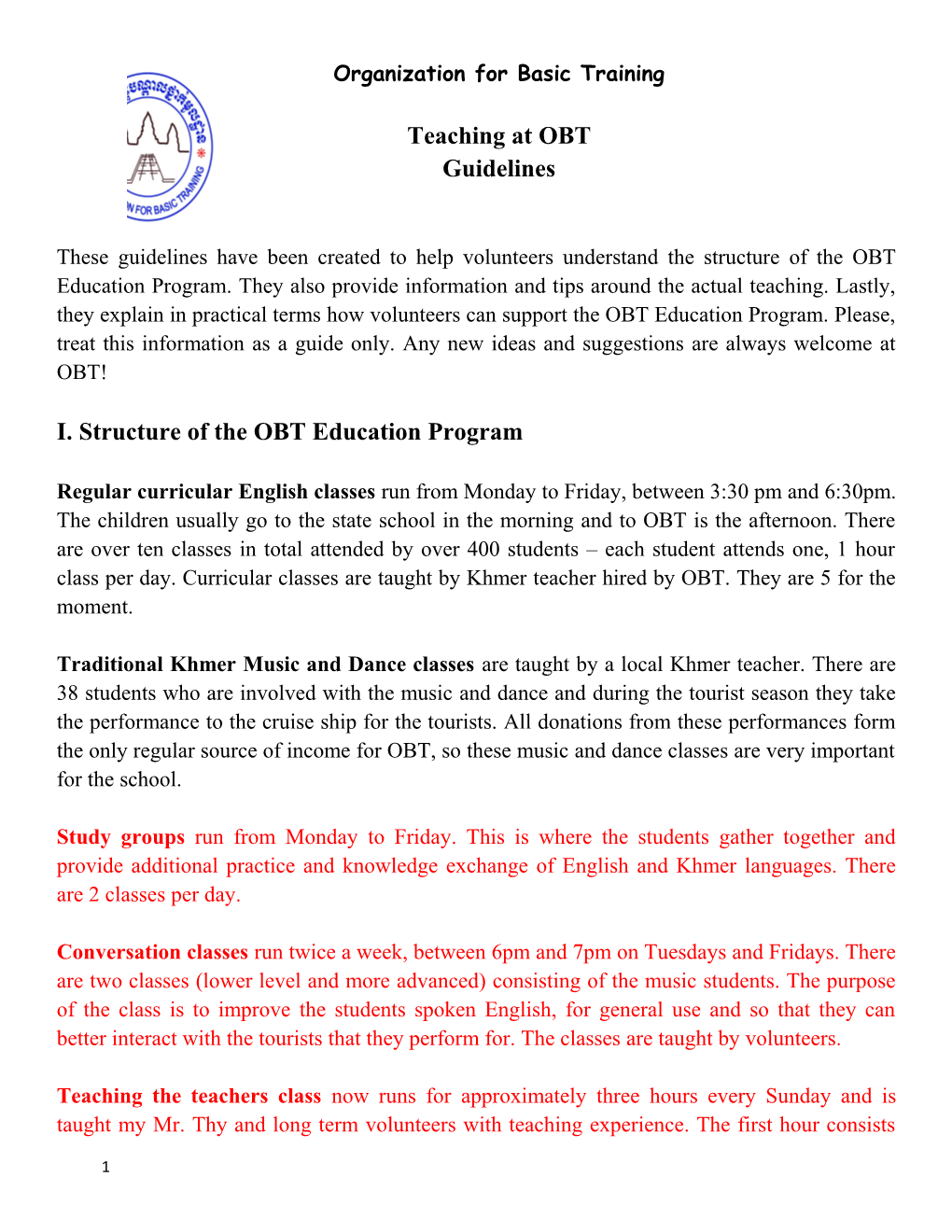 I. Structure of the OBT Education Program