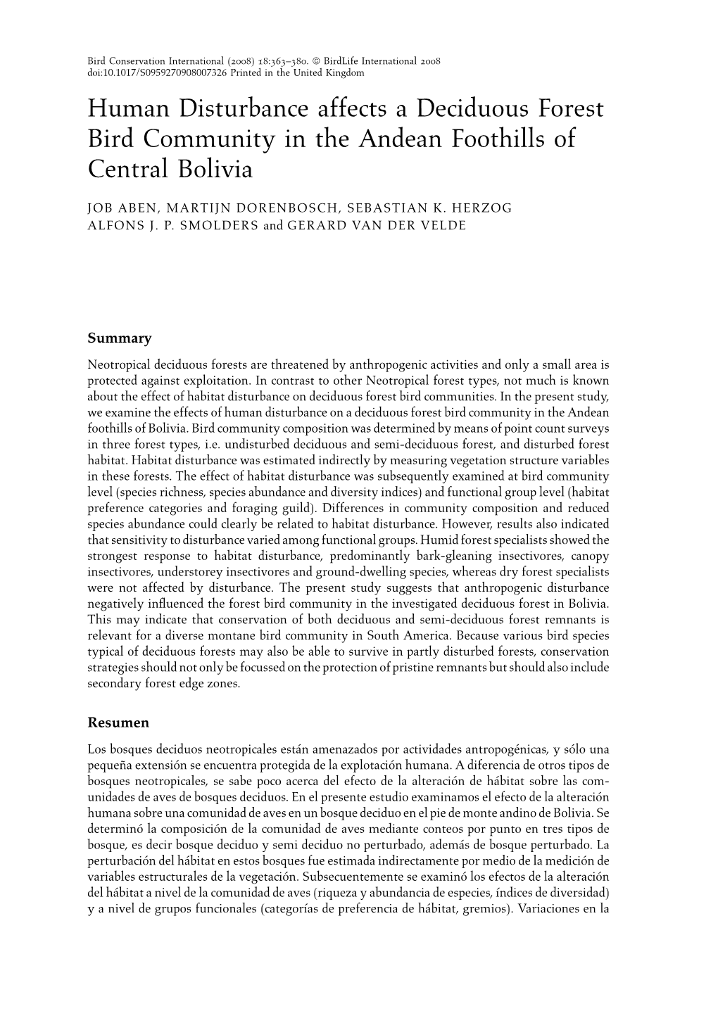 Human Disturbance Affects a Deciduous Forest Bird Community in the Andean Foothills of Central Bolivia