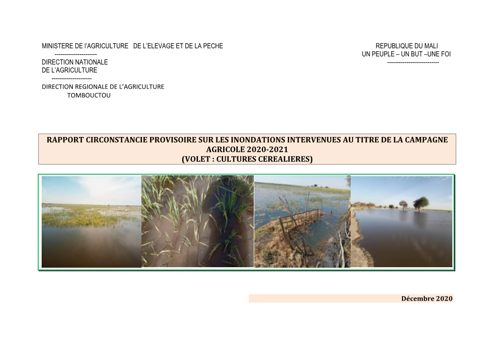 Rapport Circonstancie Provisoire Sur Les Inondations Intervenues Au Titre De La Campagne Agricole 2020-2021 (Volet : Cultures Cerealieres)