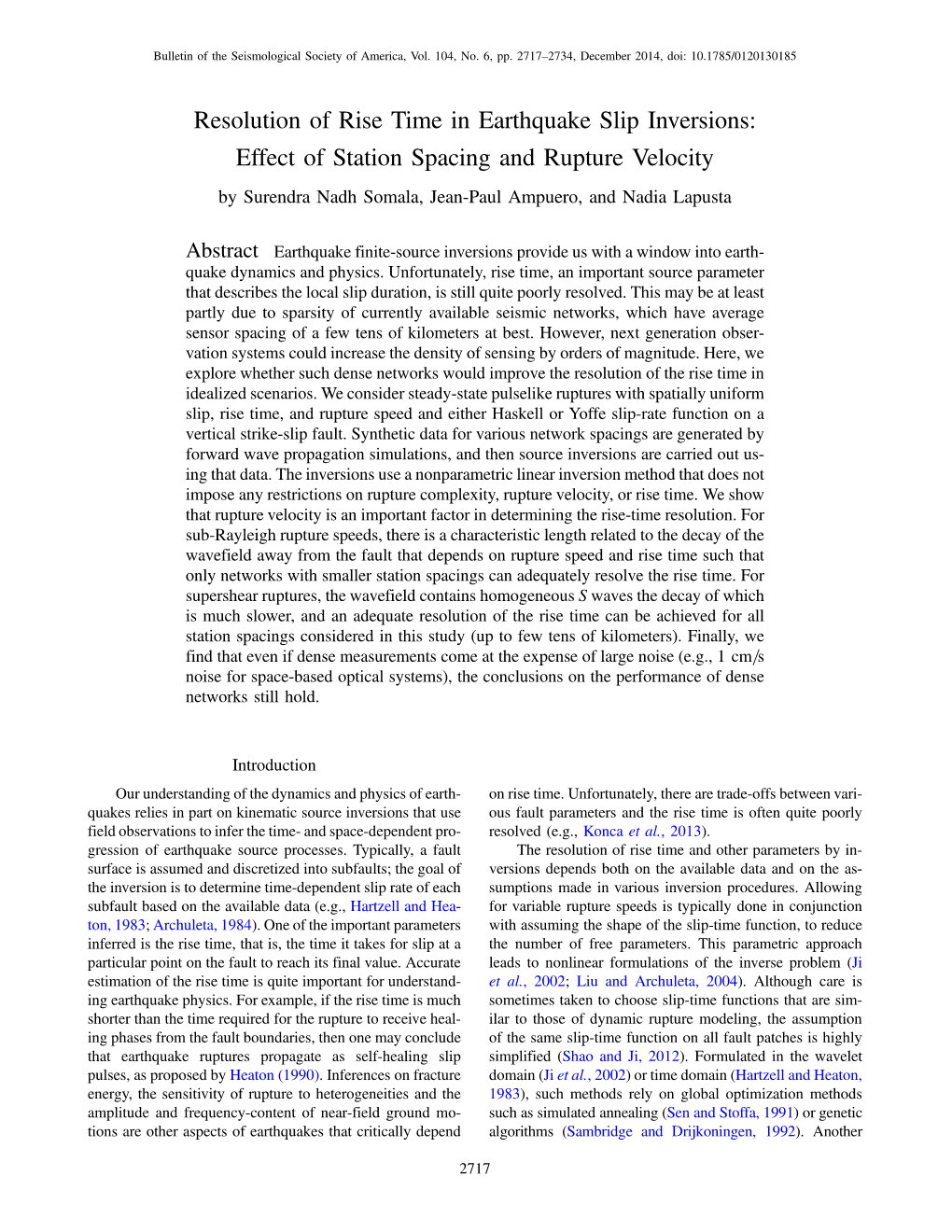 Resolution of Rise Time in Earthquake Slip Inversions: Effect of Station Spacing and Rupture Velocity by Surendra Nadh Somala, Jean-Paul Ampuero, and Nadia Lapusta