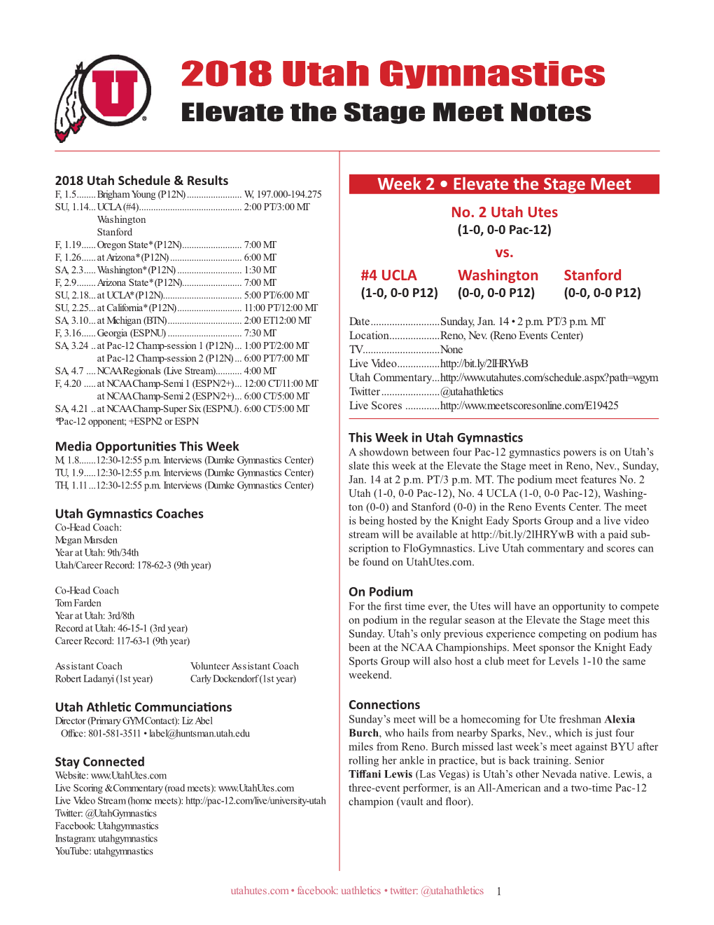 2018 Utah Gymnastics Elevate the Stage Meet Notes