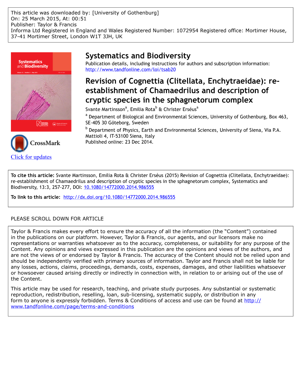 Revision of Cognettia \(Clitellata, Enchytraeidae\): Re-Establishment