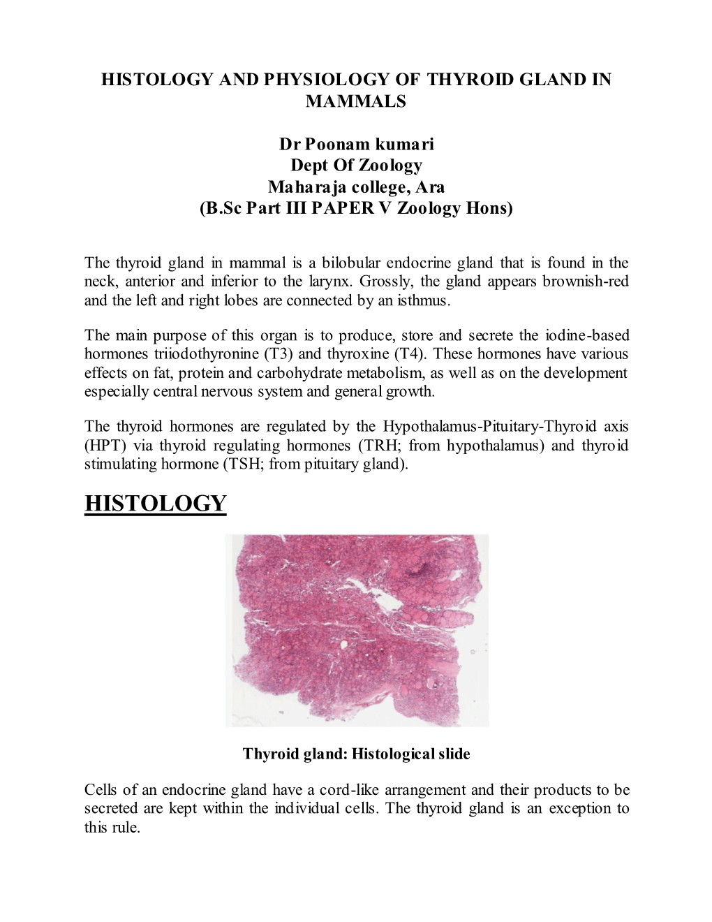 HISTOLOGY and PHYSIOLOGY of THYROID GLAND in MAMMALS Dr