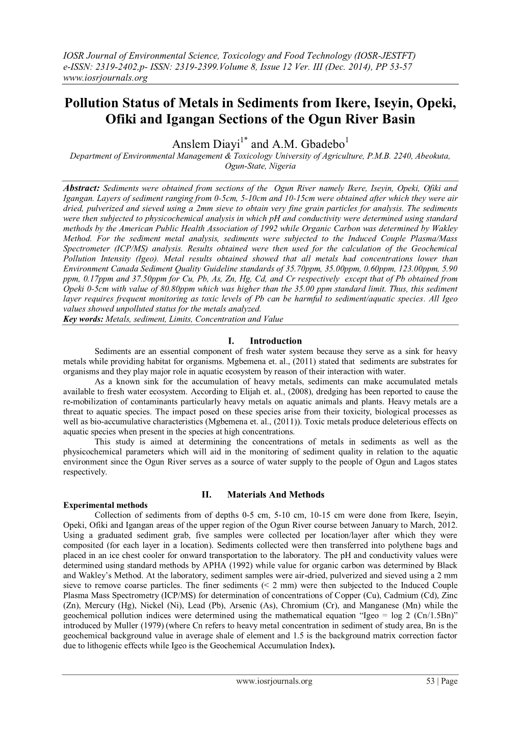 Pollution Status of Metals in Sediments from Ikere, Iseyin, Opeki, Ofiki and Igangan Sections of the Ogun River Basin