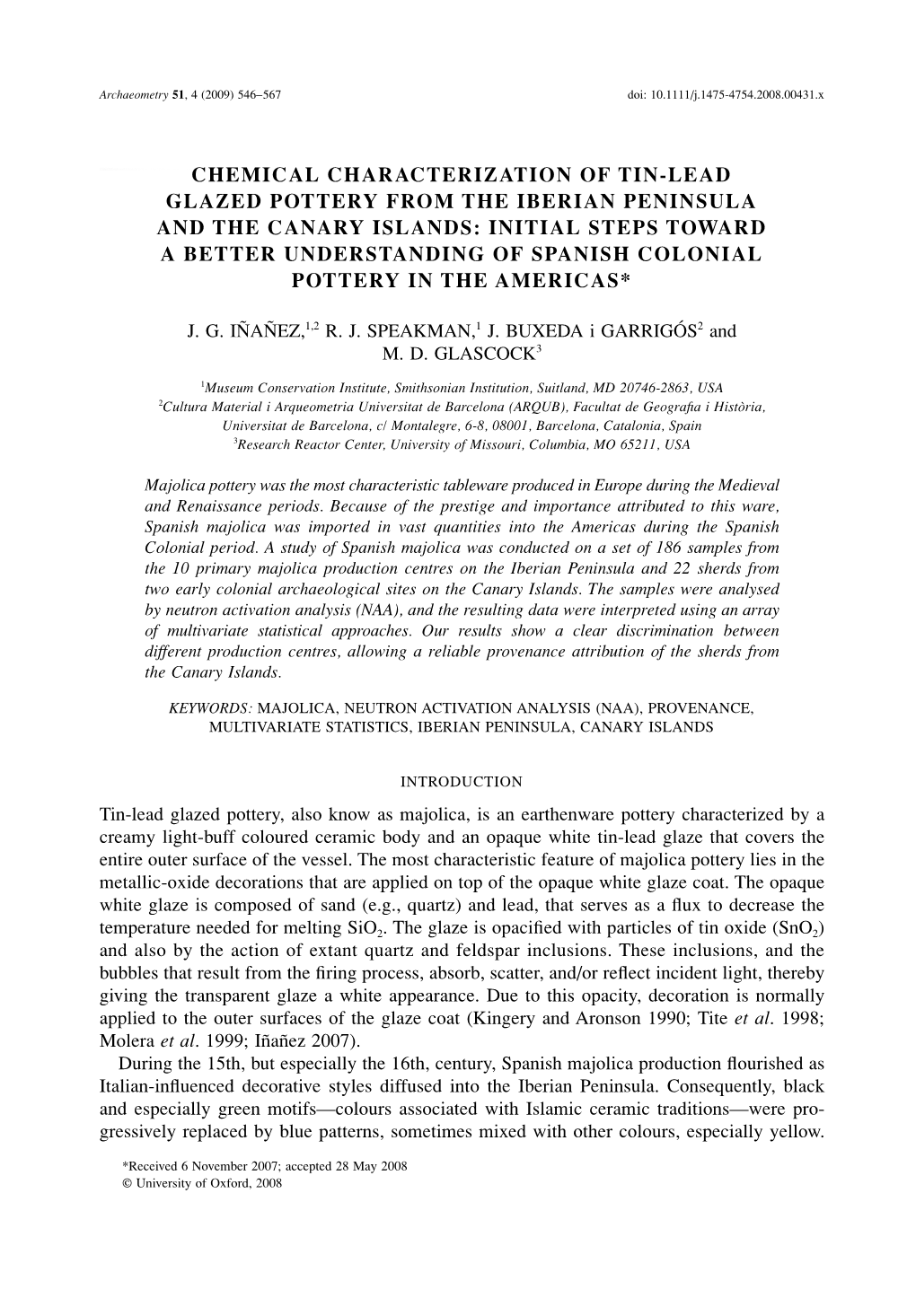 Chemical Characterization of Tin-Lead Glazed Pottery from the Iberian Peninsula and the Canary Islands