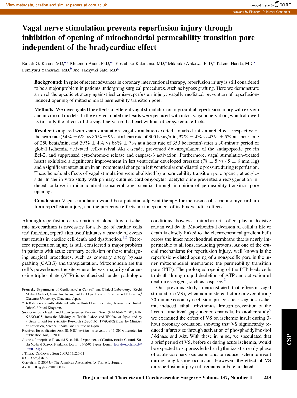 Vagal Nerve Stimulation Prevents Reperfusion Injury Through Inhibition of Opening of Mitochondrial Permeability Transition Pore Independent of the Bradycardiac Effect