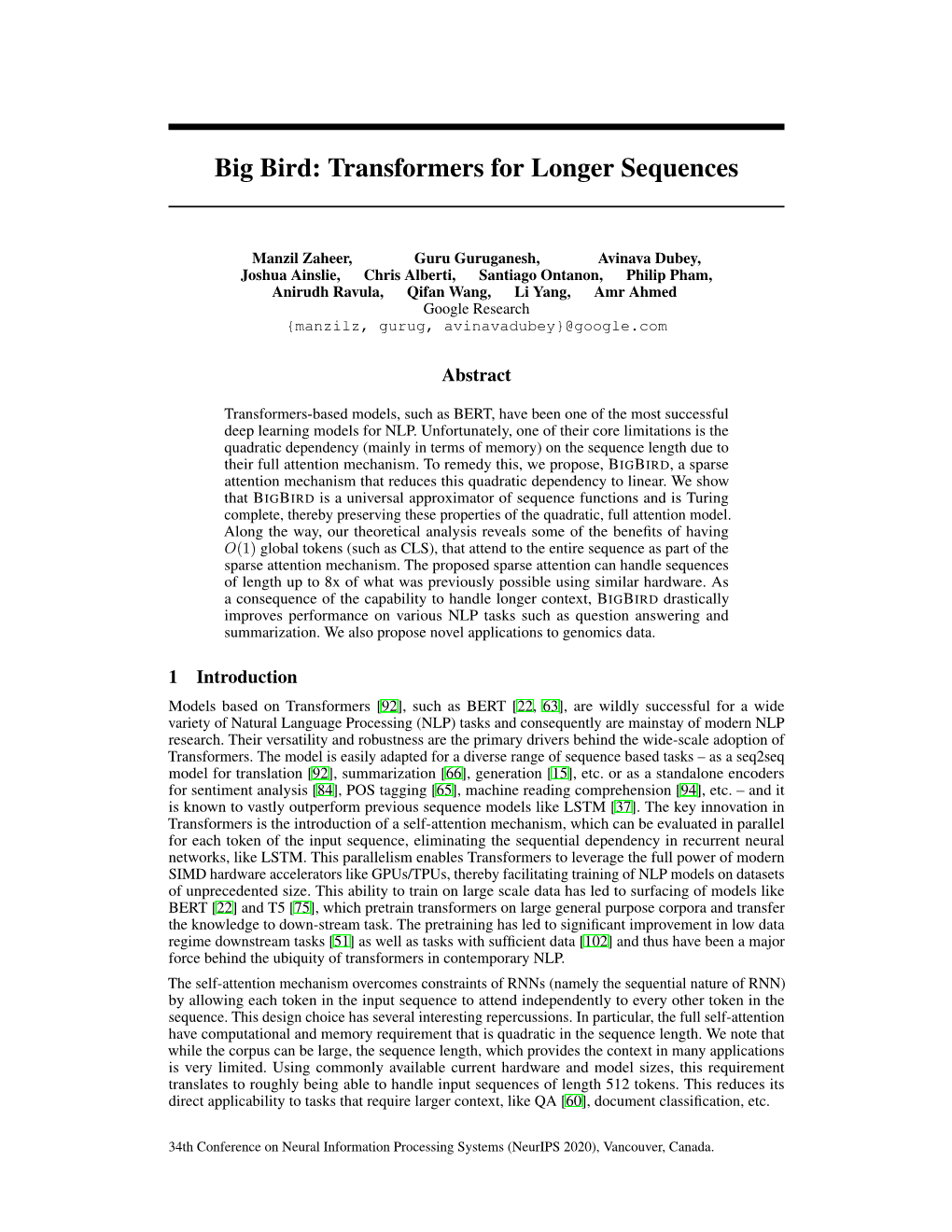 Big Bird: Transformers for Longer Sequences