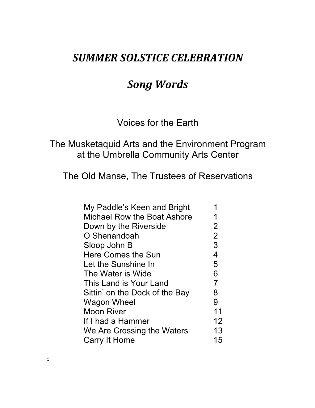 SUMMER SOLSTICE CELEBRATION Song Words