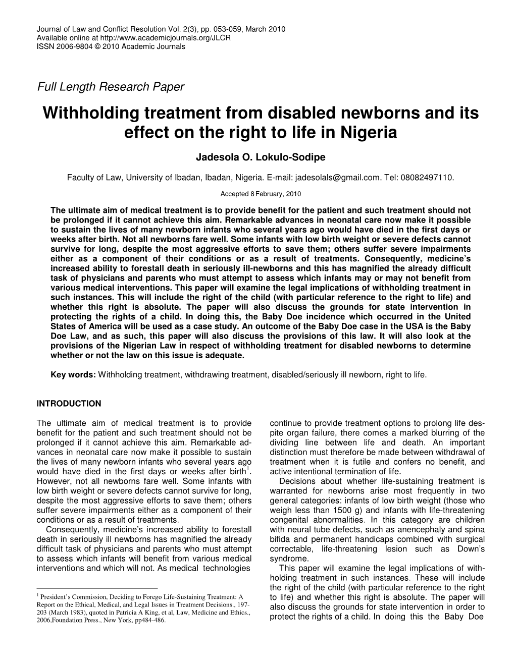 Withholding Treatment from Disabled Newborns and Its Effect on the Right to Life in Nigeria