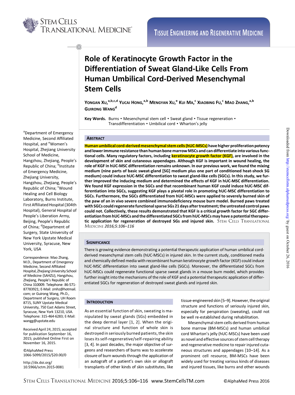 Role of Keratinocyte Growth Factor in the Differentiation of Sweat Gland-Like Cells from Human Umbilical Cord-Derived Mesenchymal Stem Cells