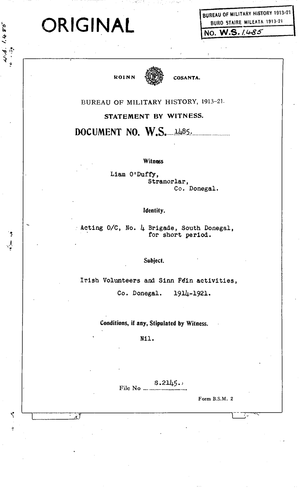 ROINN COSANTA. BUREAU of MILITARY HISTORY, 1913-21. STATEMENT by WITNESS. DOCUMENT NO. W.S. 1485. Witness Liam O'duffy, Stranorl