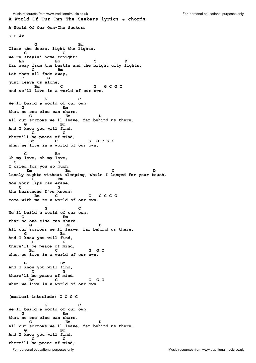 A World of Our Own-The Seekers Lyrics & Chords