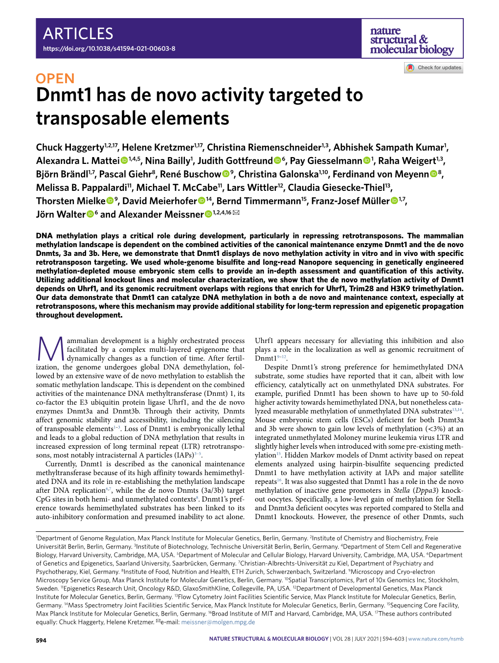 Dnmt1 Has De Novo Activity Targeted to Transposable Elements