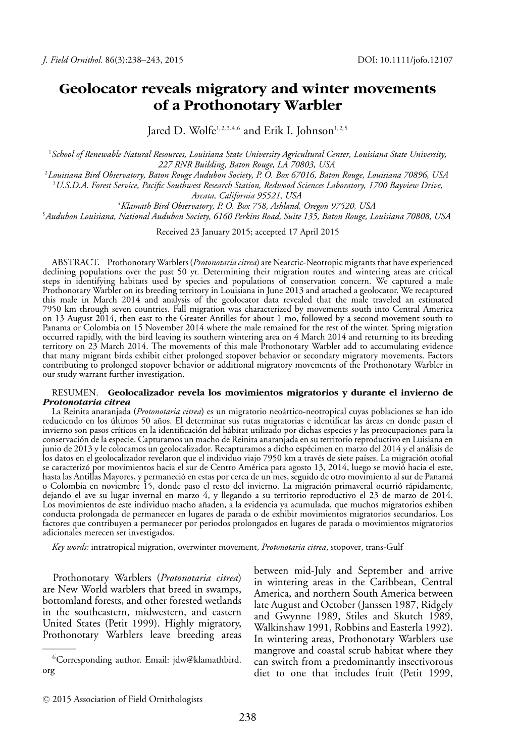 Geolocator Reveals Migratory and Winter Movements of a Prothonotary Warbler