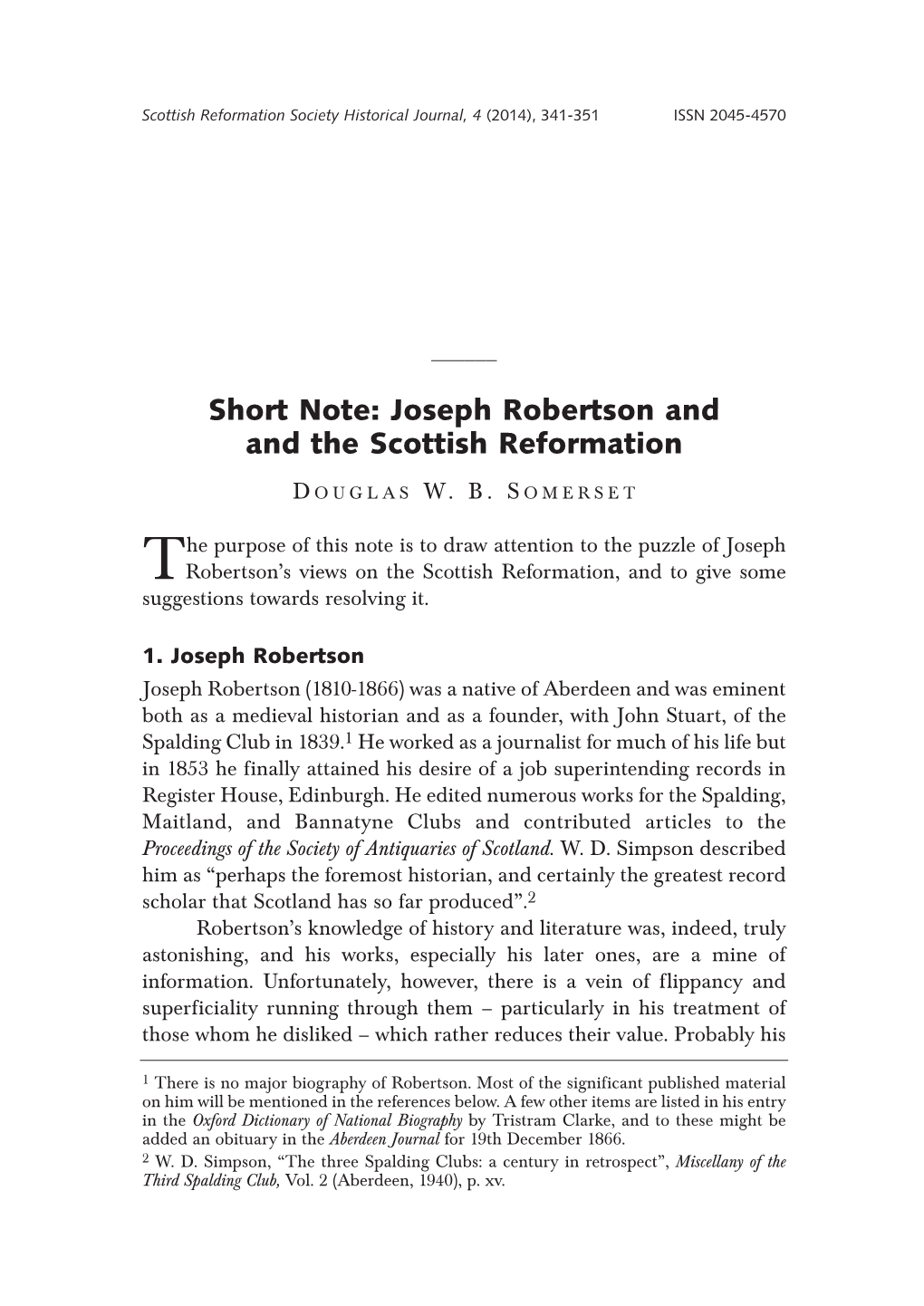 Short Note: Joseph Robertson and and the Scottish Reformation