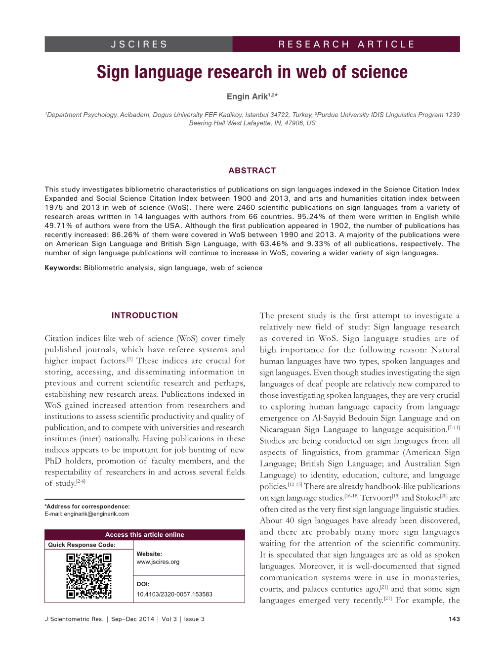 Sign Language Research in Web of Science