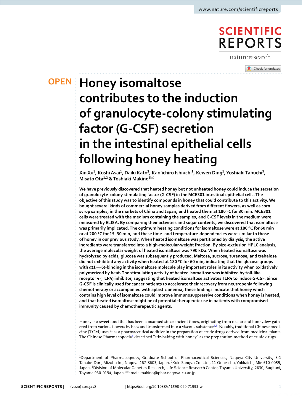Honey Isomaltose Contributes to the Induction of Granulocyte-Colony