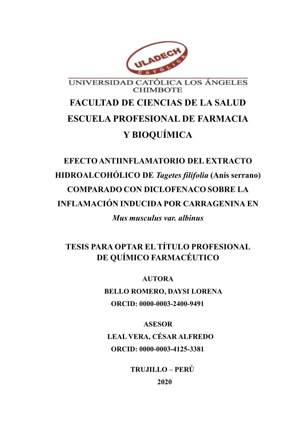 Facultad De Ciencias De La Salud Escuela Profesional De Farmacia Y Bioquímica