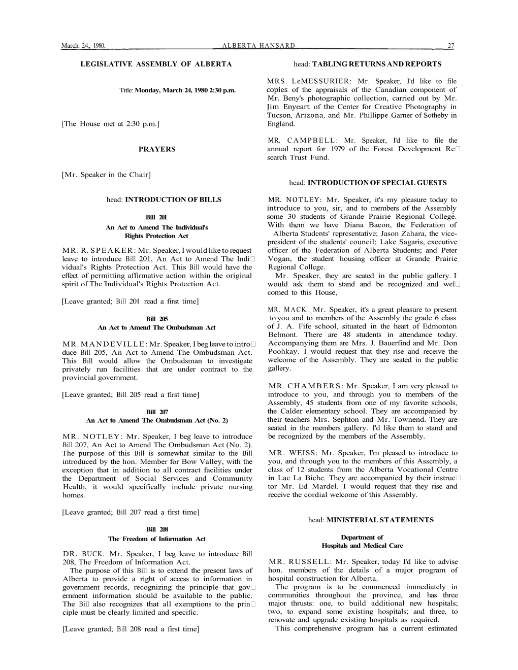 LEGISLATIVE ASSEMBLY of ALBERTA [The House Met at 2:30