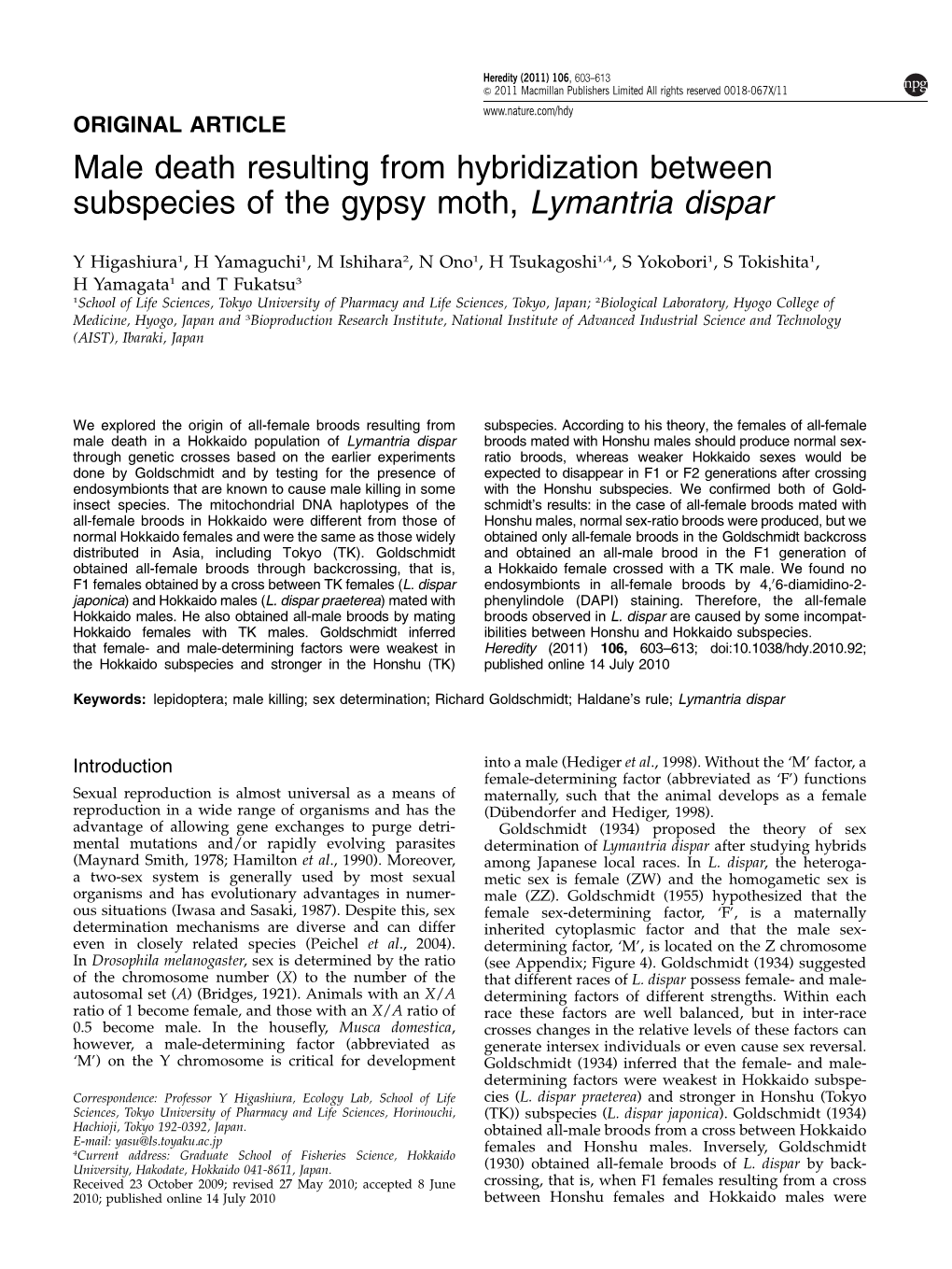 Male Death Resulting from Hybridization Between Subspecies of the Gypsy Moth, Lymantria Dispar