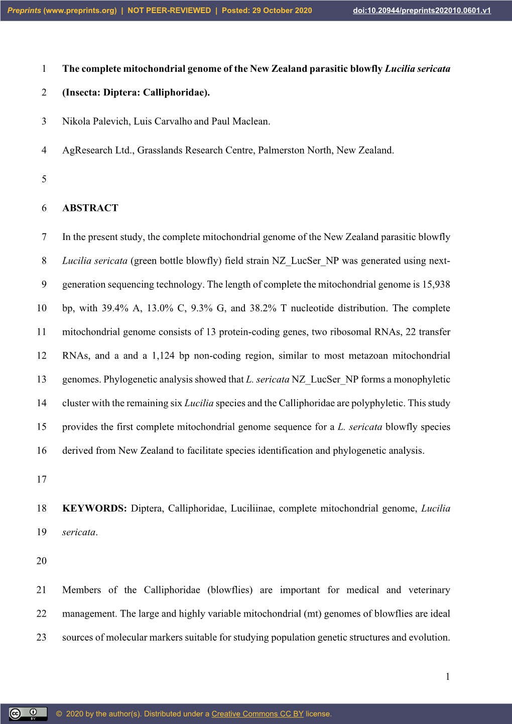 1 the Complete Mitochondrial Genome of the New Zealand Parasitic Blowfly Lucilia Sericata
