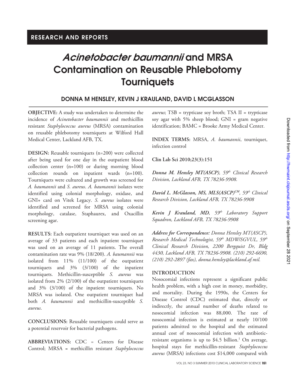 Acinetobacter Baumannii and MRSA Contamination on Reusable Phlebotomy Tourniquets
