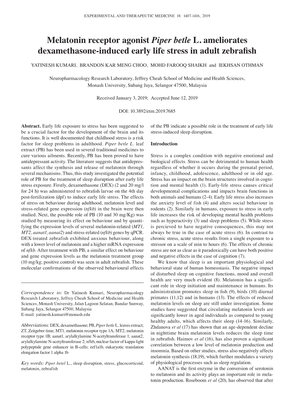 Melatonin Receptor Agonist Piper Betle L. Ameliorates Dexamethasone‑Induced Early Life Stress in Adult Zebrafish