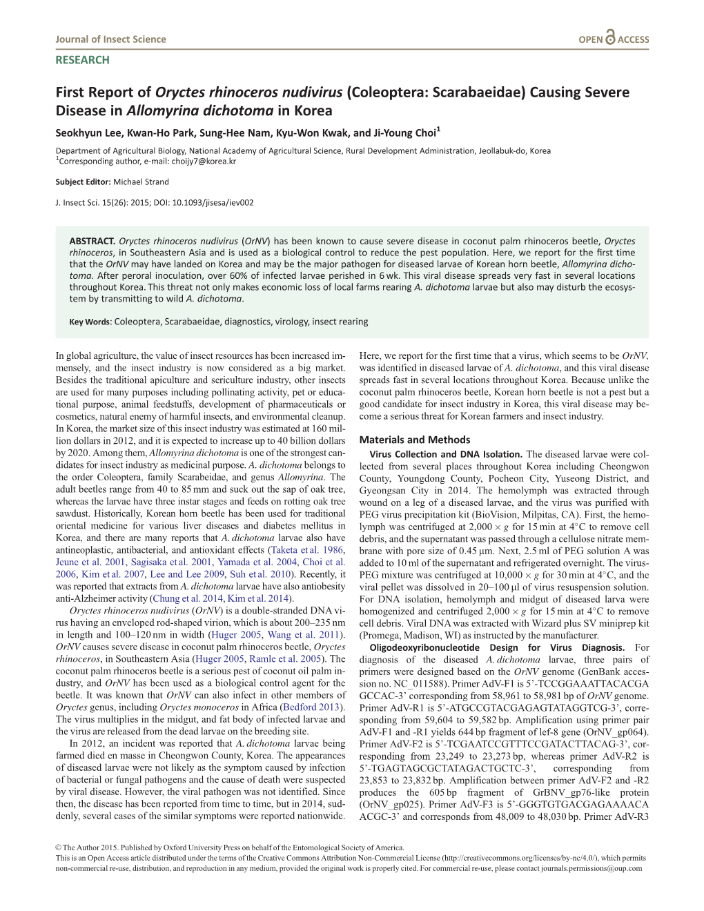 First Report of Oryctes Rhinoceros Nudivirus (Coleoptera