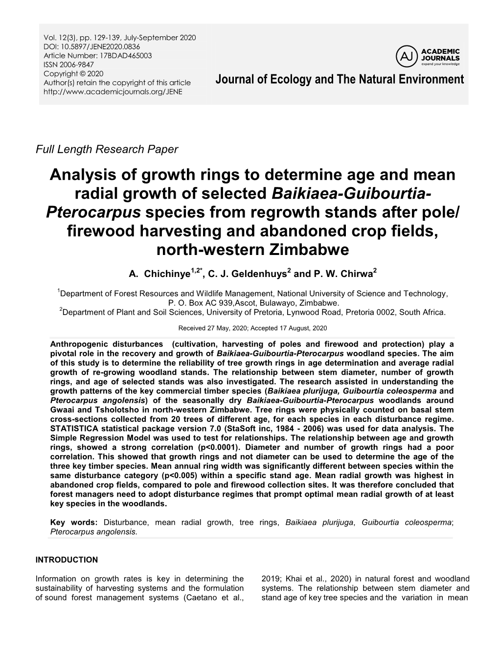 Analysis of Growth Rings to Determine Age and Mean Radial Growth of Selected Baikiaea-Guibourtia