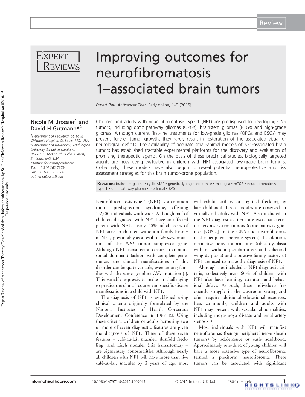 Improving Outcomes for Neurofibromatosis 1–Associated Brain Tumors