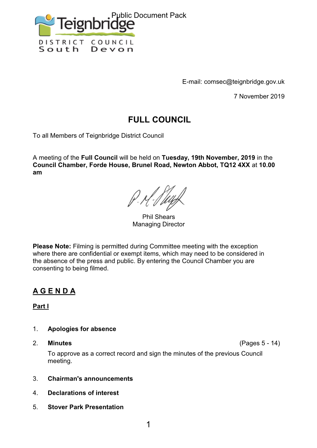 (Public Pack)Agenda Document for Full Council, 19/11/2019 10:00