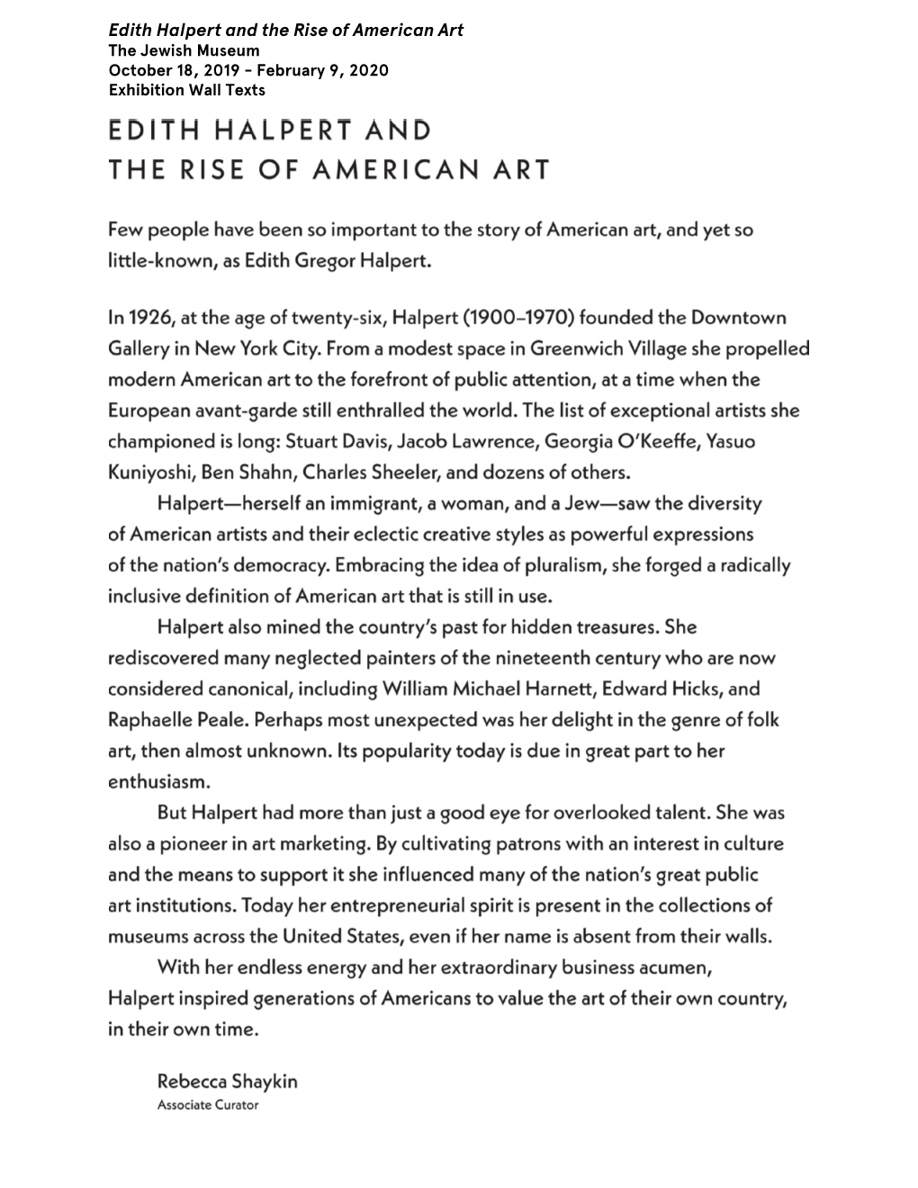 Edith Halpert and the Rise of American Art the Jewish Museum October 18, 2019 - February 9, 2020 Exhibition Wall Texts