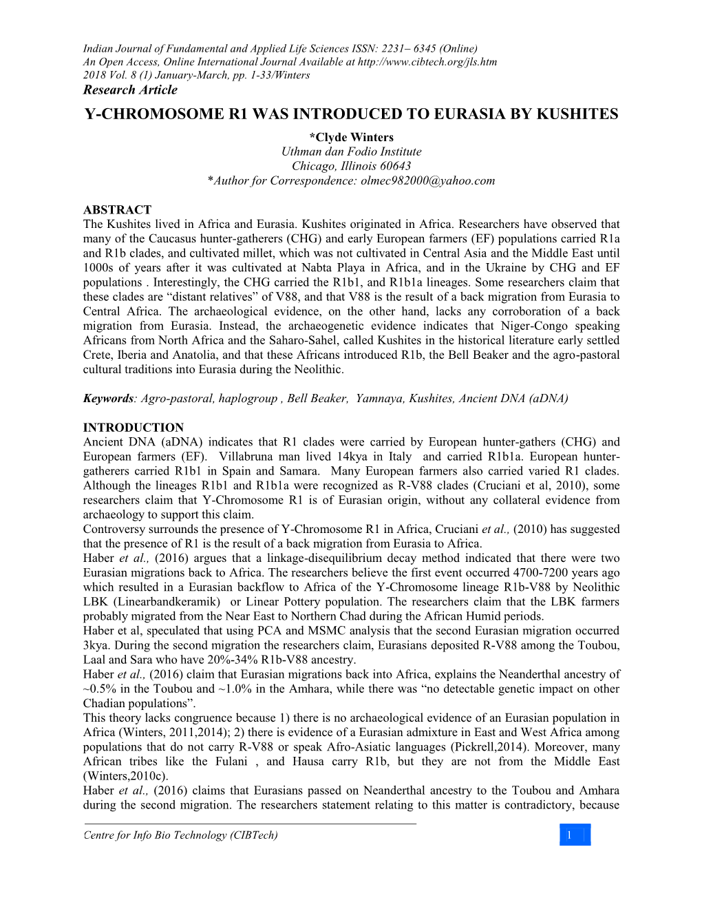 Y-Chromosome R1 Was Introduced to Eurasia By