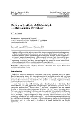 Review on Synthesis of 3-Substituted 1,2-Benzisoxazole Derivatives