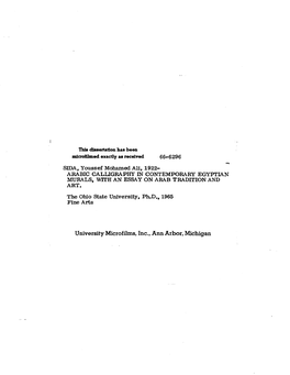 University Microfilms, Inc., Ann Arbor, Michigan ARABIC CALLIGRAPHY in CONTEMPORARY EGYPTIAN