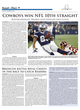 Cowboys Win NFL 10Th Straight Roethlisberger, Brown Lead Steelers Past Colts
