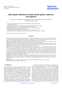 (65) Cybele: Detection of Small Silicate Grains, Water-Ice, and Organics