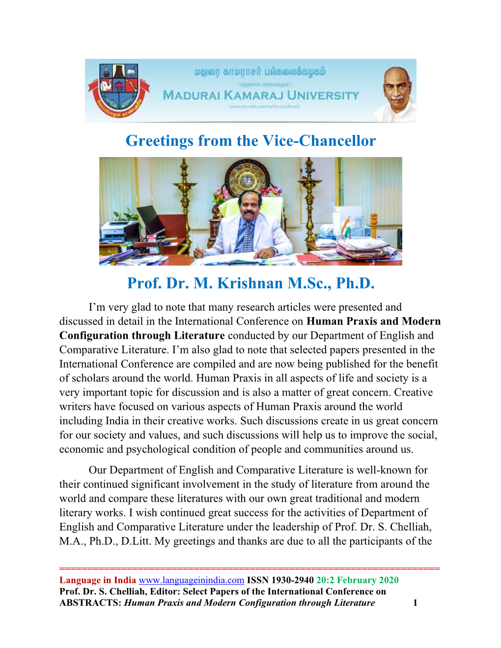 Greetings from the Vice-Chancellor Prof. Dr. M. Krishnan M.Sc., Ph.D