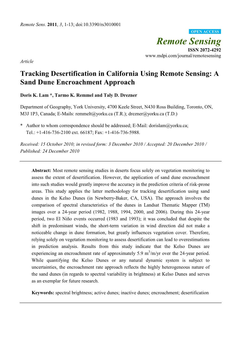 Tracking Desertification in California Using Remote Sensing: a Sand Dune Encroachment Approach