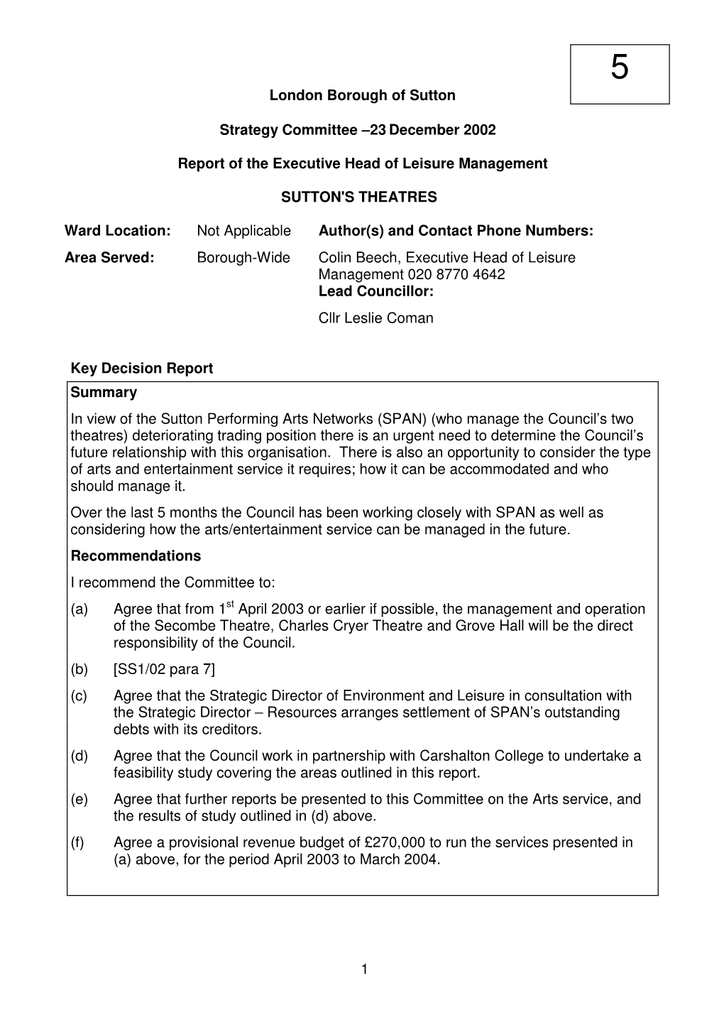 1 London Borough of Sutton Strategy Committee –23 December 2002