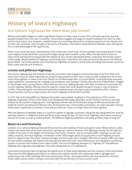 History of Iowa's Highways Teaching Guide
