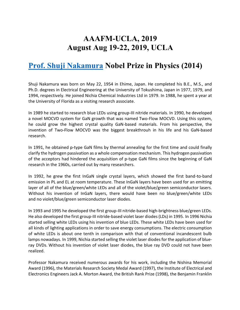 AAAFM-UCLA, 2019 August Aug 19-22, 2019, UCLA Prof. Shuji