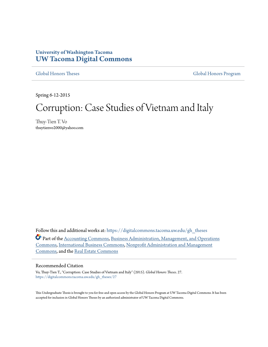 Corruption: Case Studies of Vietnam and Italy Thuy-Tien T