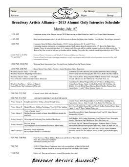 2013 Alumni Only Intensive Schedule