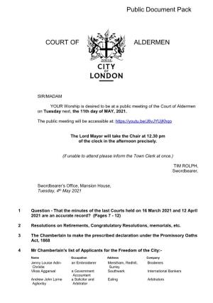 (Public Pack)Agenda Document for Court of Aldermen, 11/05/2021 12:30