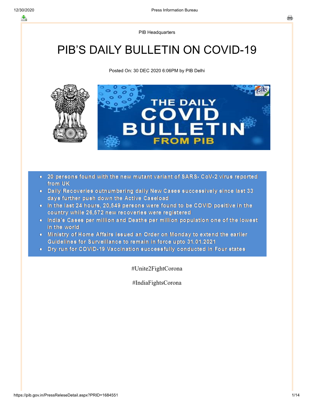 Pib's Daily Bulletin on Covid-19