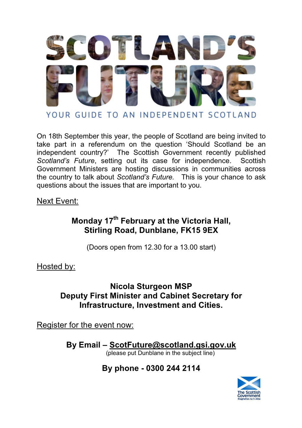 Next Event: Monday 17 February at the Victoria Hall, Stirling Road