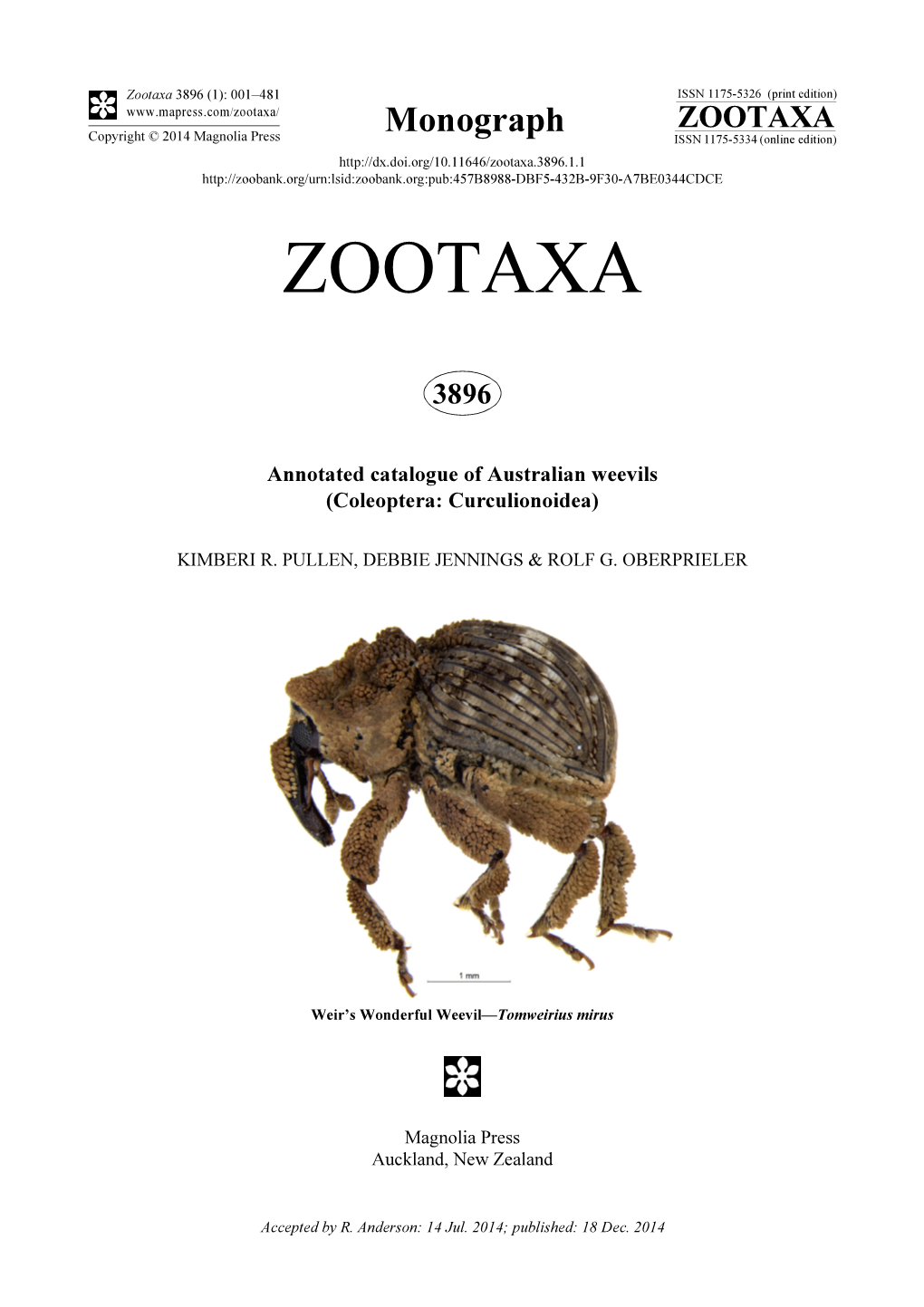 Annotated Catalogue of Australian Weevils (Coleoptera: Curculionoidea)